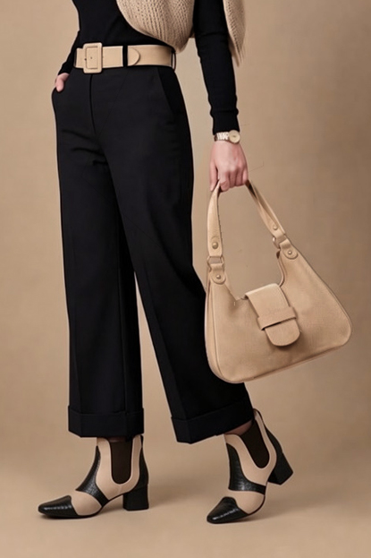Women's black, tan and pitch black two-tone chelsea boots with round toe and low flared heel - Worn view